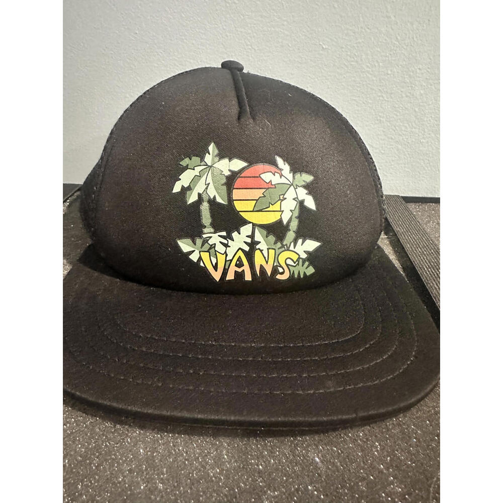 Vans Men's Idell Trucker Palm Tree Sunset Logo Snap Back Hat Black Adjustable